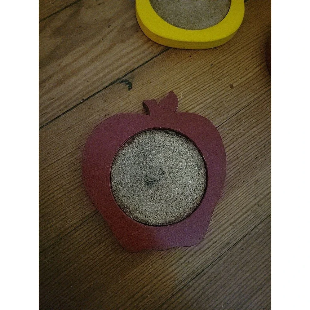 Vtg Tulip Apple Wooden Coaster Set Holder Yellow Red Country Farmhouse Butterfly